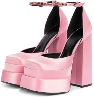 Womens Platform Chunky Heel Dress Pumps Ankle Strap Block High Heel Silk Satin Square Toe Rhinestones Heeled Pumps
