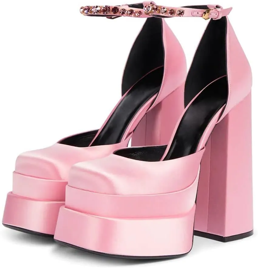 Womens Platform Chunky Heel Dress Pumps Ankle Strap Block High Heel Silk Satin Square Toe Rhinestones Heeled Pumps