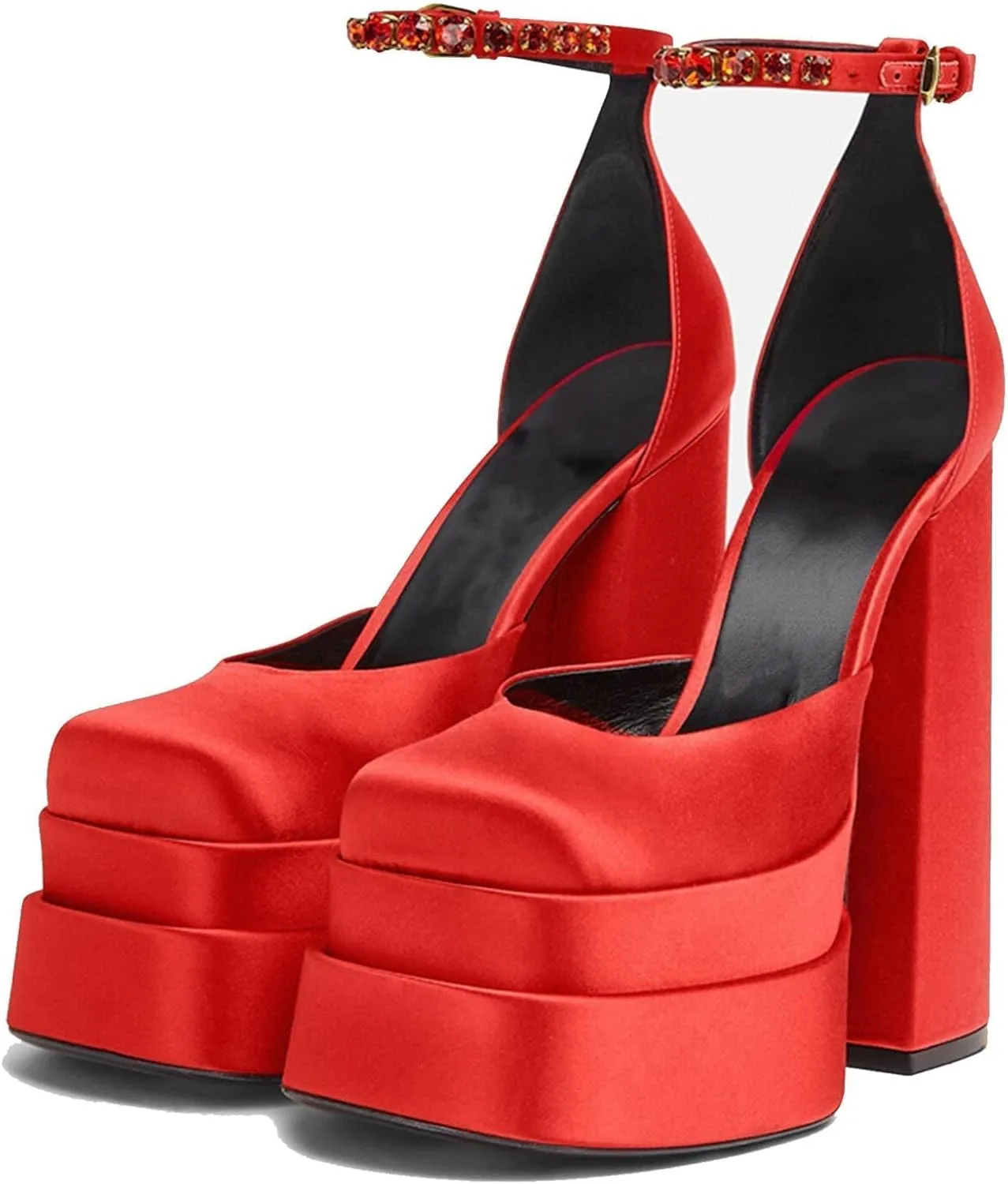 Womens Platform Chunky Heel Dress Pumps Ankle Strap Block High Heel Silk Satin Square Toe Rhinestones Heeled Pumps