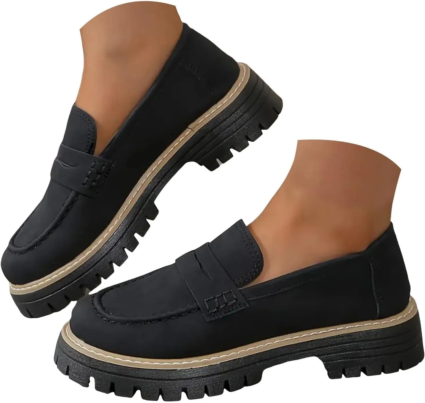 Womens Platform Chunky Penny Loafer Lug Sole Slip Comfortable Suede Dress Work Office Business Casual Shoes