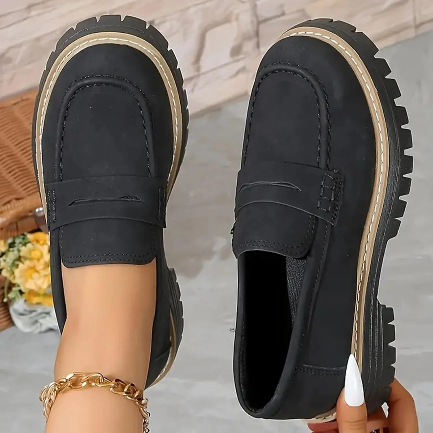 Womens Platform Chunky Penny Loafer Lug Sole Slip Comfortable Suede Dress Work Office Business Casual Shoes