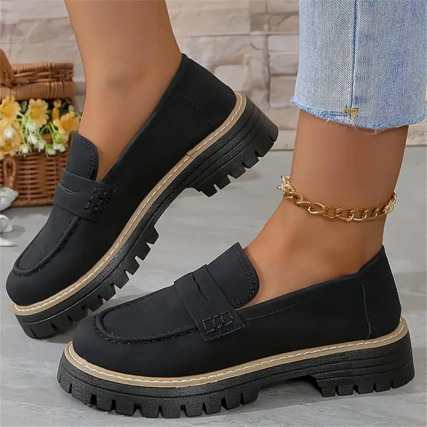Womens Platform Chunky Penny Loafer Lug Sole Slip Comfortable Suede Dress Work Office Business Casual Shoes