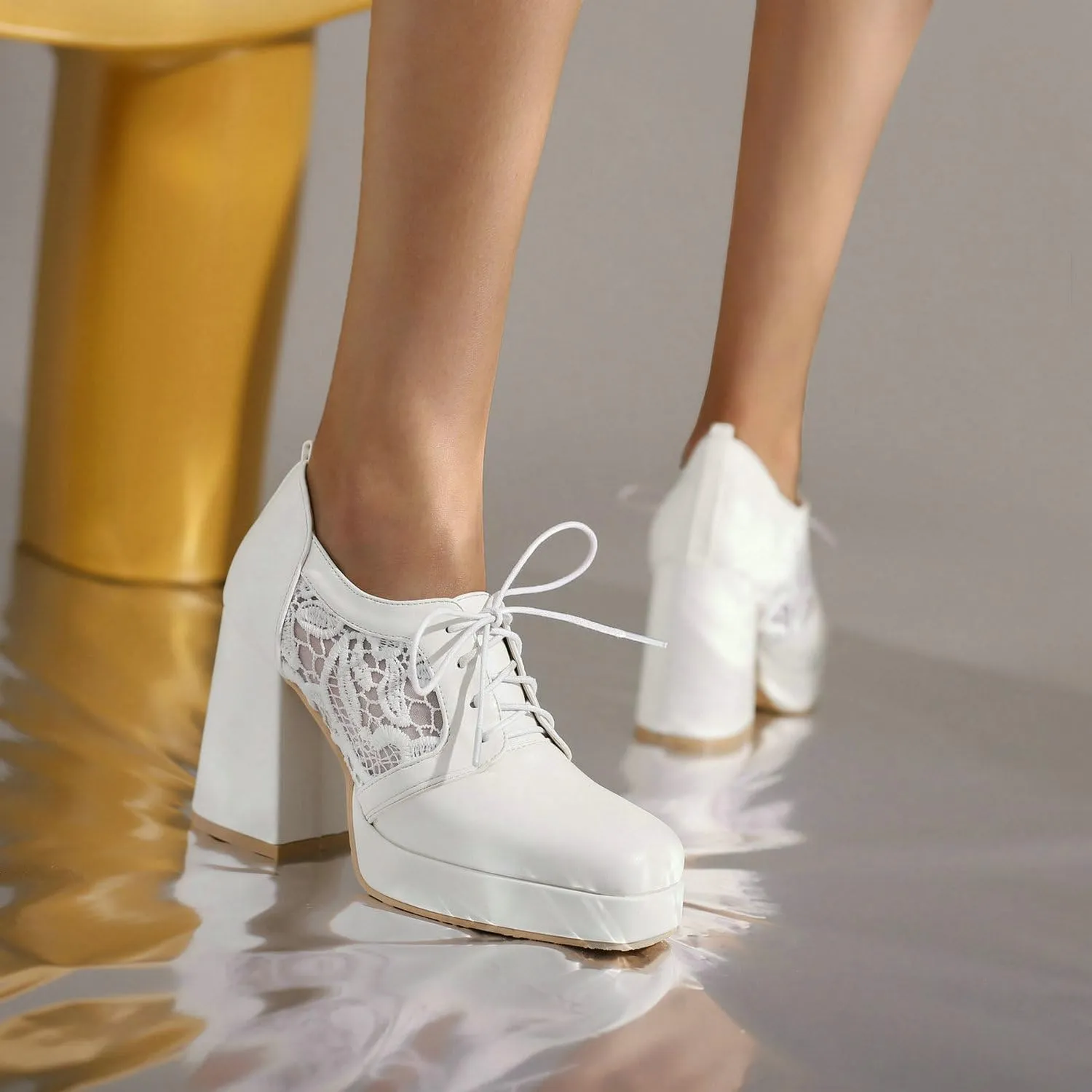 Women's Platform Oxford Shoes Patent Leather Square Toe Chunky Block High Heel Ankle Booties