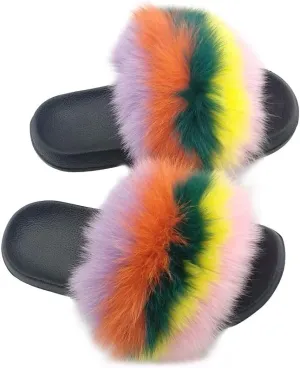 Women's Real Fox Fur Slides Furry Slide Sandal for Outdoor Fur Slippers