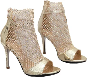Women's Rhinestone Peep Toe Mesh Stilettos Ankle Boots Summer Fashion Bling Back Zipper Breathable Sock Boots Fish Mouth Heeled Wedding Dress Summer Boots Sandals