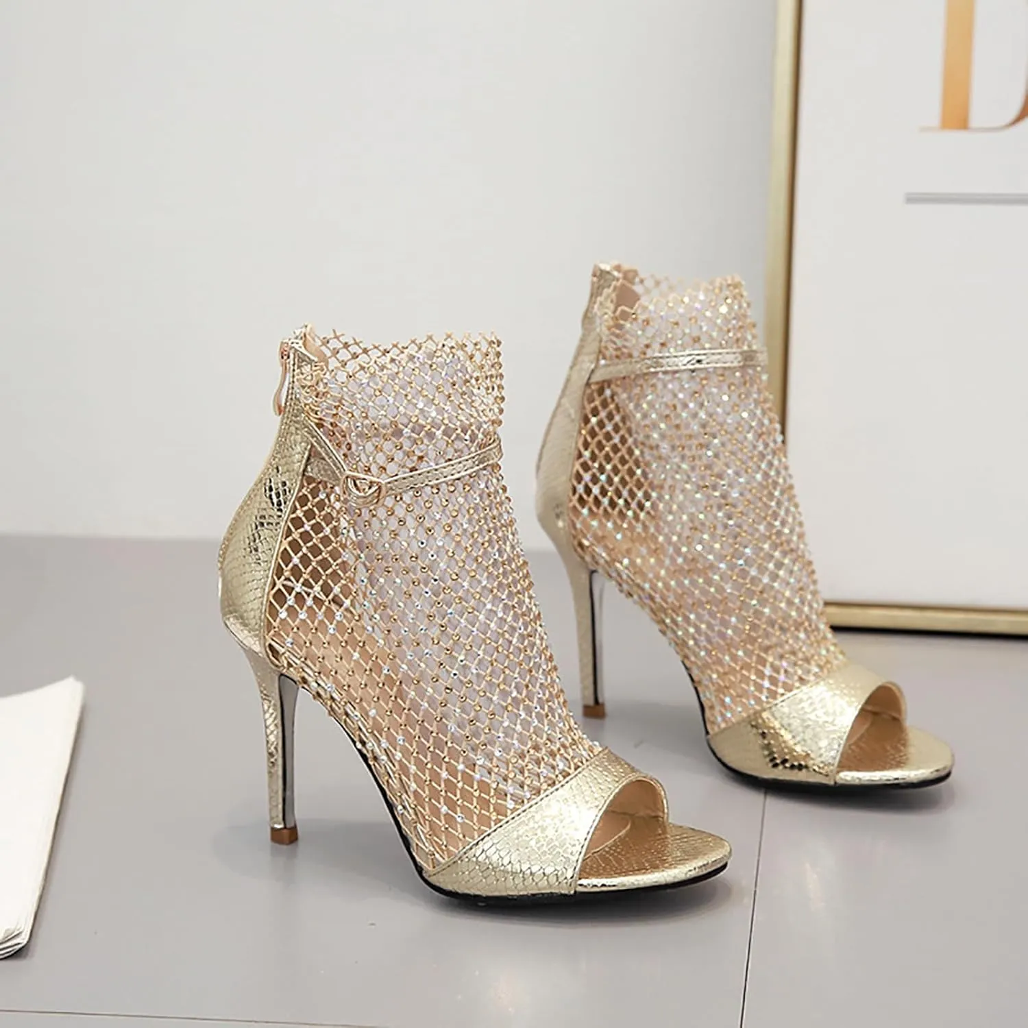 Women's Rhinestone Peep Toe Mesh Stilettos Ankle Boots Summer Fashion Bling Back Zipper Breathable Sock Boots Fish Mouth Heeled Wedding Dress Summer Boots Sandals