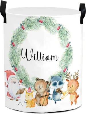 Woodland Animals Music Personalized Waterproof Foldable Laundry Basket Bag with Handle, Custom Collapsible Clothes Hamper Storage Bin for Toys Laundry Dorm Travel Bathroom