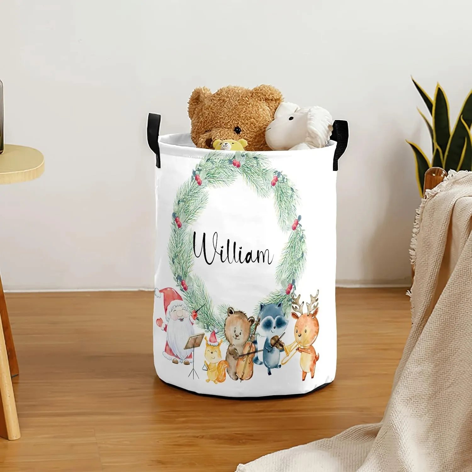 Woodland Animals Music Personalized Waterproof Foldable Laundry Basket Bag with Handle, Custom Collapsible Clothes Hamper Storage Bin for Toys Laundry Dorm Travel Bathroom