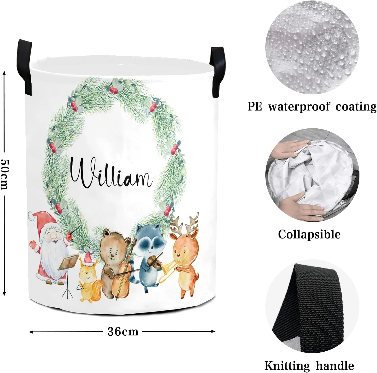 Woodland Animals Music Personalized Waterproof Foldable Laundry Basket Bag with Handle, Custom Collapsible Clothes Hamper Storage Bin for Toys Laundry Dorm Travel Bathroom