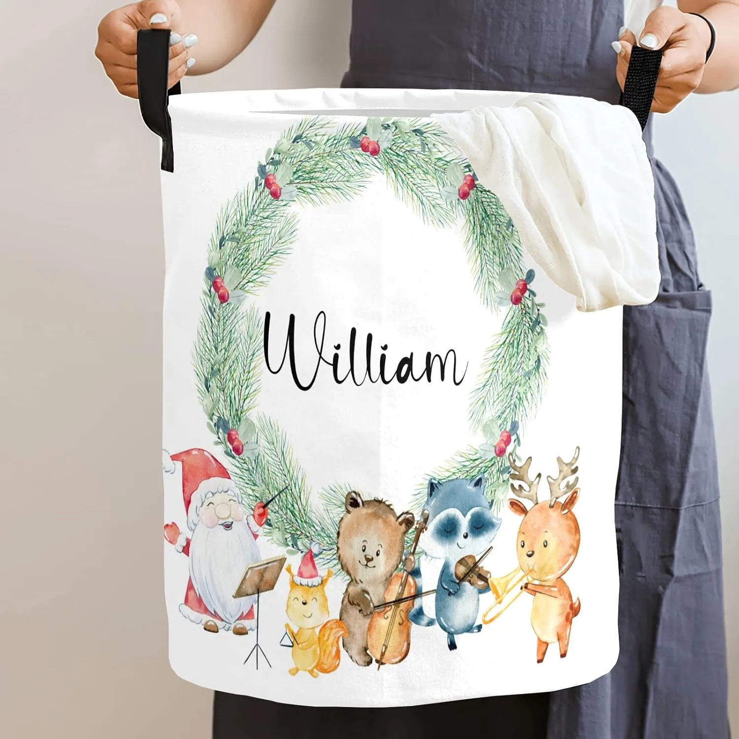 Woodland Animals Music Personalized Waterproof Foldable Laundry Basket Bag with Handle, Custom Collapsible Clothes Hamper Storage Bin for Toys Laundry Dorm Travel Bathroom