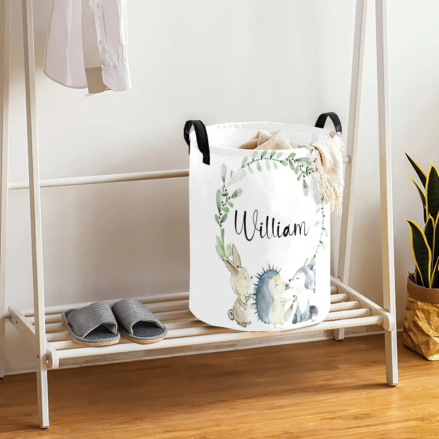 Woodland Animals Wreath Personalized Waterproof Foldable Laundry Basket Bag with Handle, Custom Collapsible Clothes Hamper Storage Bin for Toys Laundry Dorm Travel Bathroom