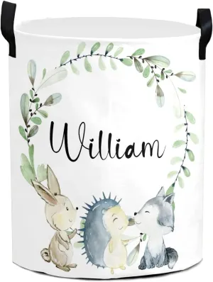 Woodland Animals Wreath Personalized Waterproof Foldable Laundry Basket Bag with Handle, Custom Collapsible Clothes Hamper Storage Bin for Toys Laundry Dorm Travel Bathroom