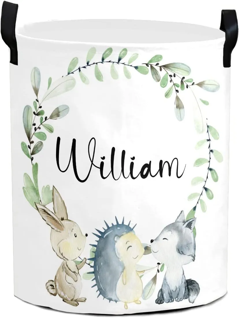Woodland Animals Wreath Personalized Waterproof Foldable Laundry Basket Bag with Handle, Custom Collapsible Clothes Hamper Storage Bin for Toys Laundry Dorm Travel Bathroom