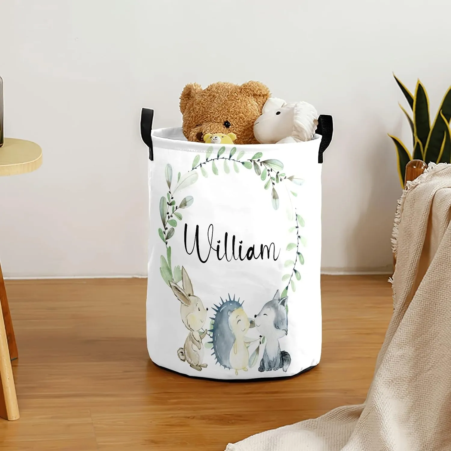 Woodland Animals Wreath Personalized Waterproof Foldable Laundry Basket Bag with Handle, Custom Collapsible Clothes Hamper Storage Bin for Toys Laundry Dorm Travel Bathroom