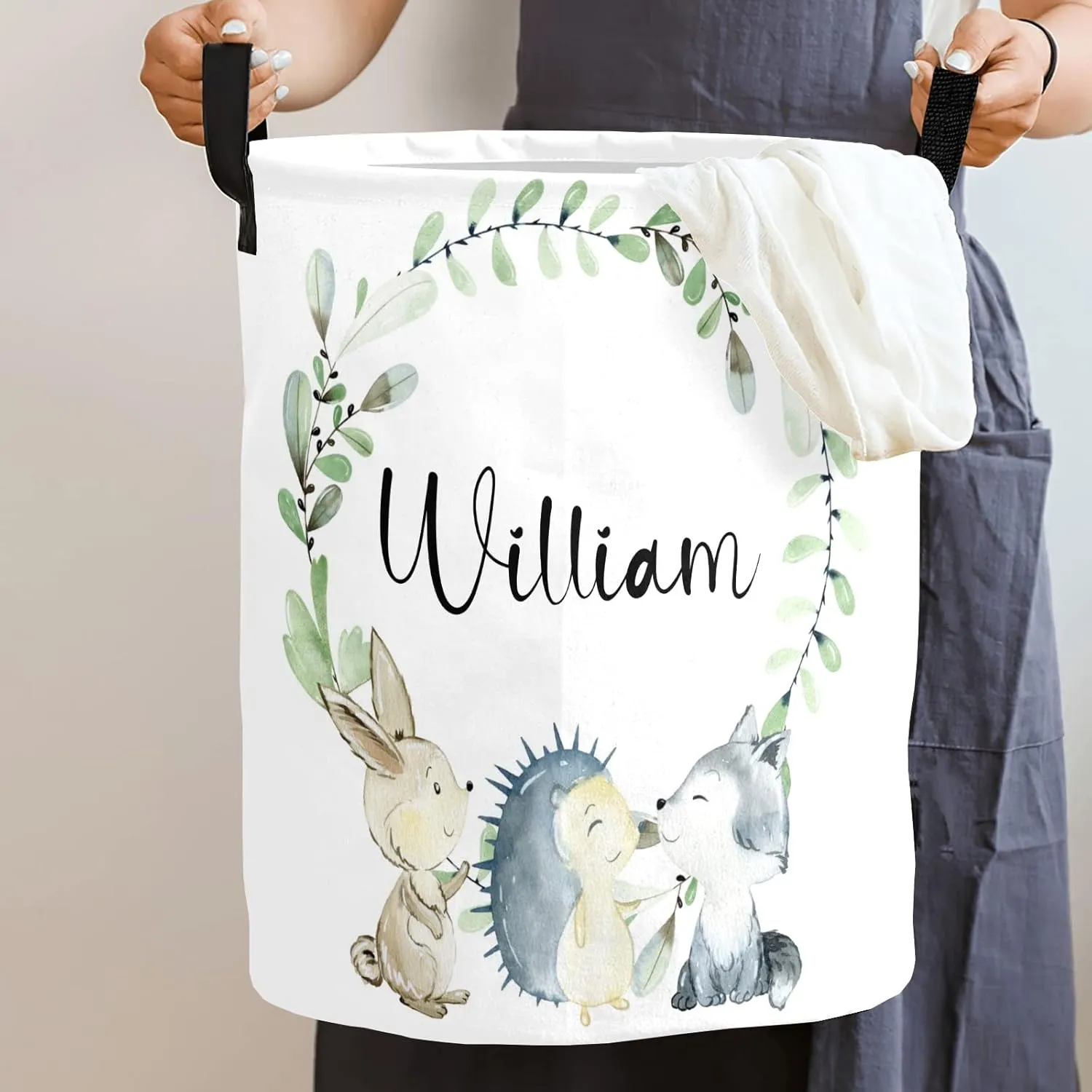 Woodland Animals Wreath Personalized Waterproof Foldable Laundry Basket Bag with Handle, Custom Collapsible Clothes Hamper Storage Bin for Toys Laundry Dorm Travel Bathroom