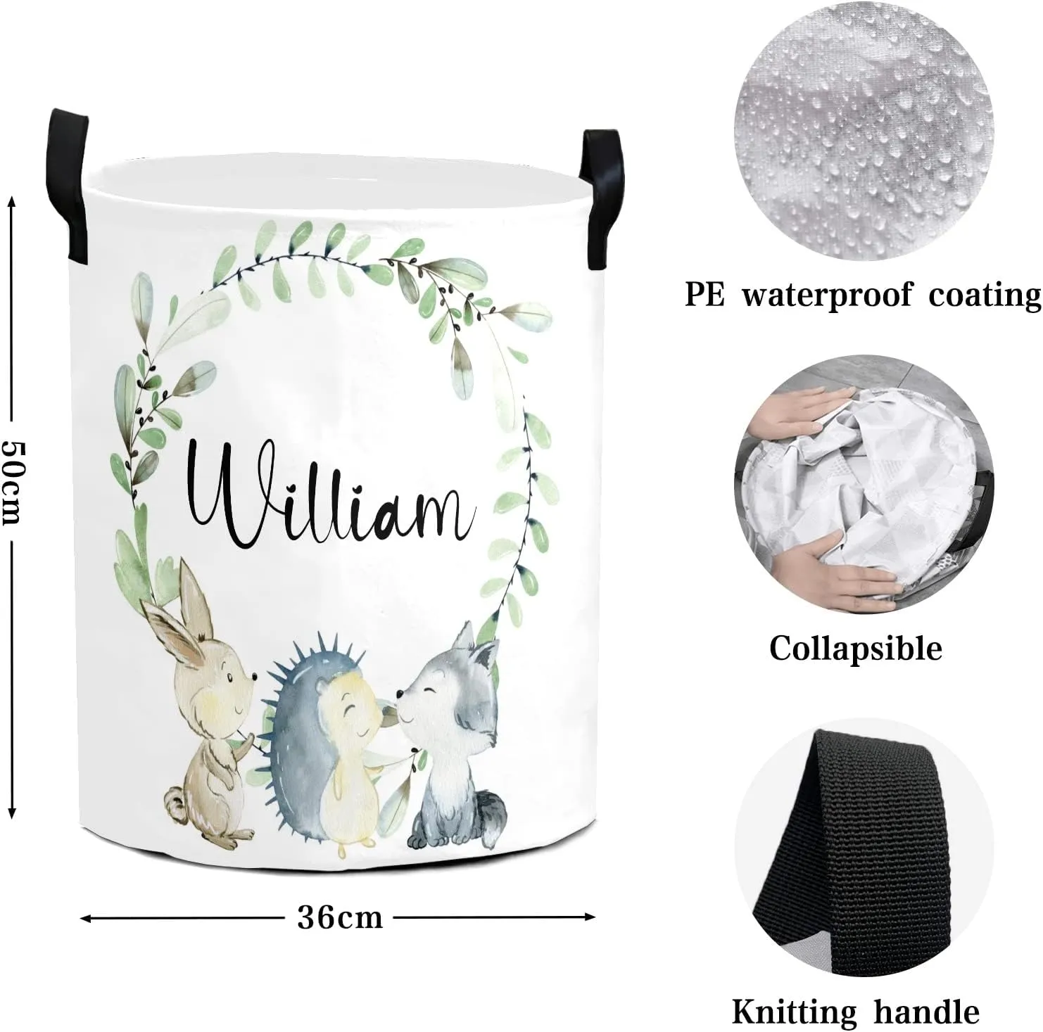 Woodland Animals Wreath Personalized Waterproof Foldable Laundry Basket Bag with Handle, Custom Collapsible Clothes Hamper Storage Bin for Toys Laundry Dorm Travel Bathroom