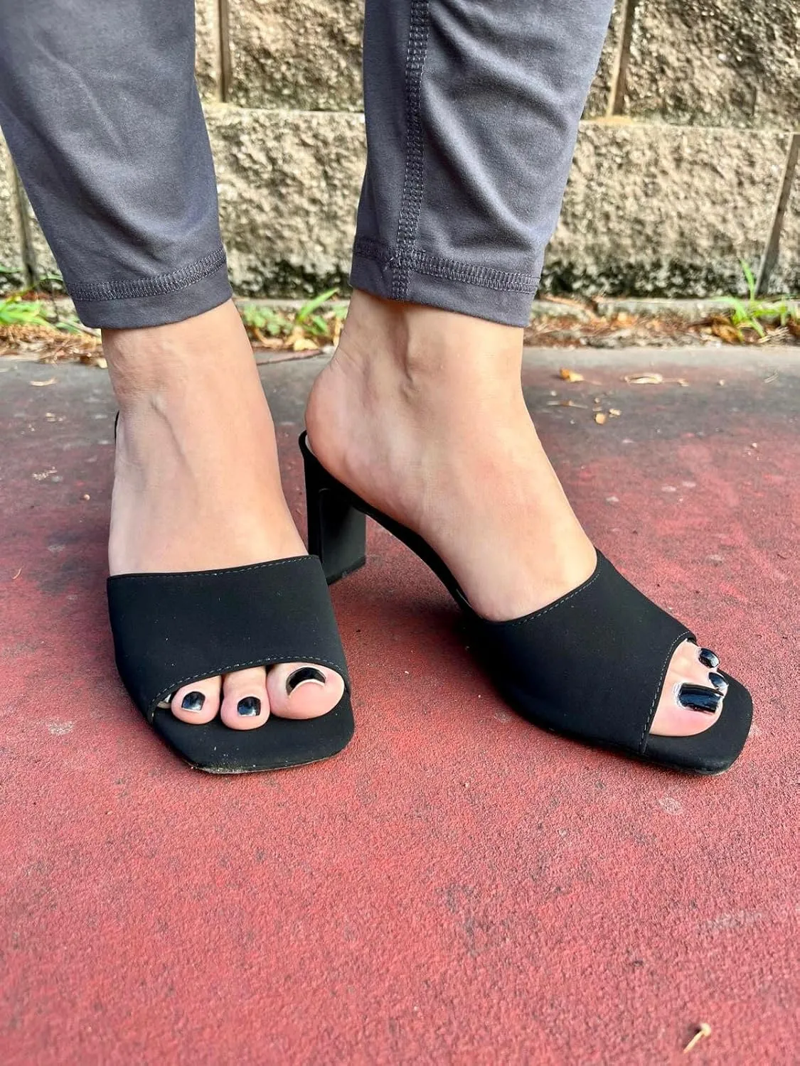 X2B Womens Chunky Heel Sandals Open Square Toe Mule Heel Sandal Slip On High Heels Shoes