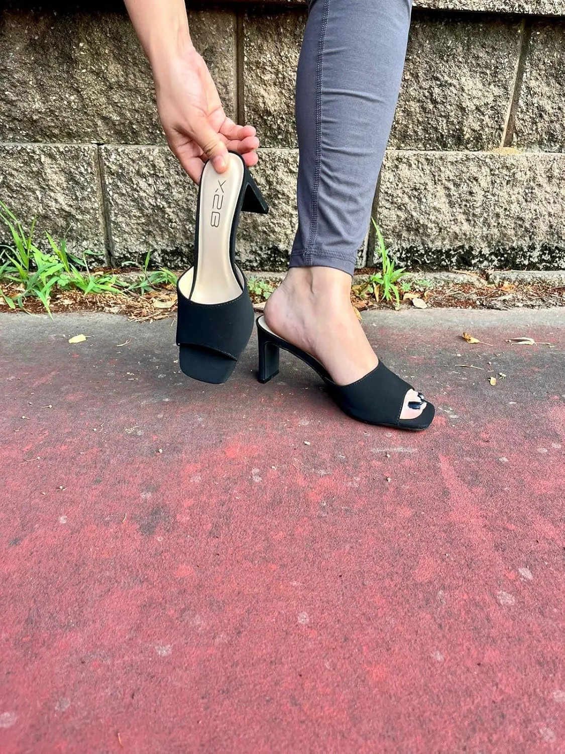X2B Womens Chunky Heel Sandals Open Square Toe Mule Heel Sandal Slip On High Heels Shoes