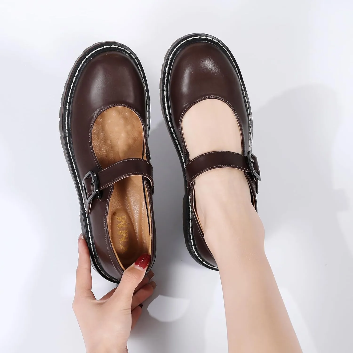 XMM Mary Jane Shoes Women Oxford Shoes Leather Round Toe Flats Non-Slip Ankle Buckle Strap Comfort Casual Dressy Cosplay Party School Work Shoes