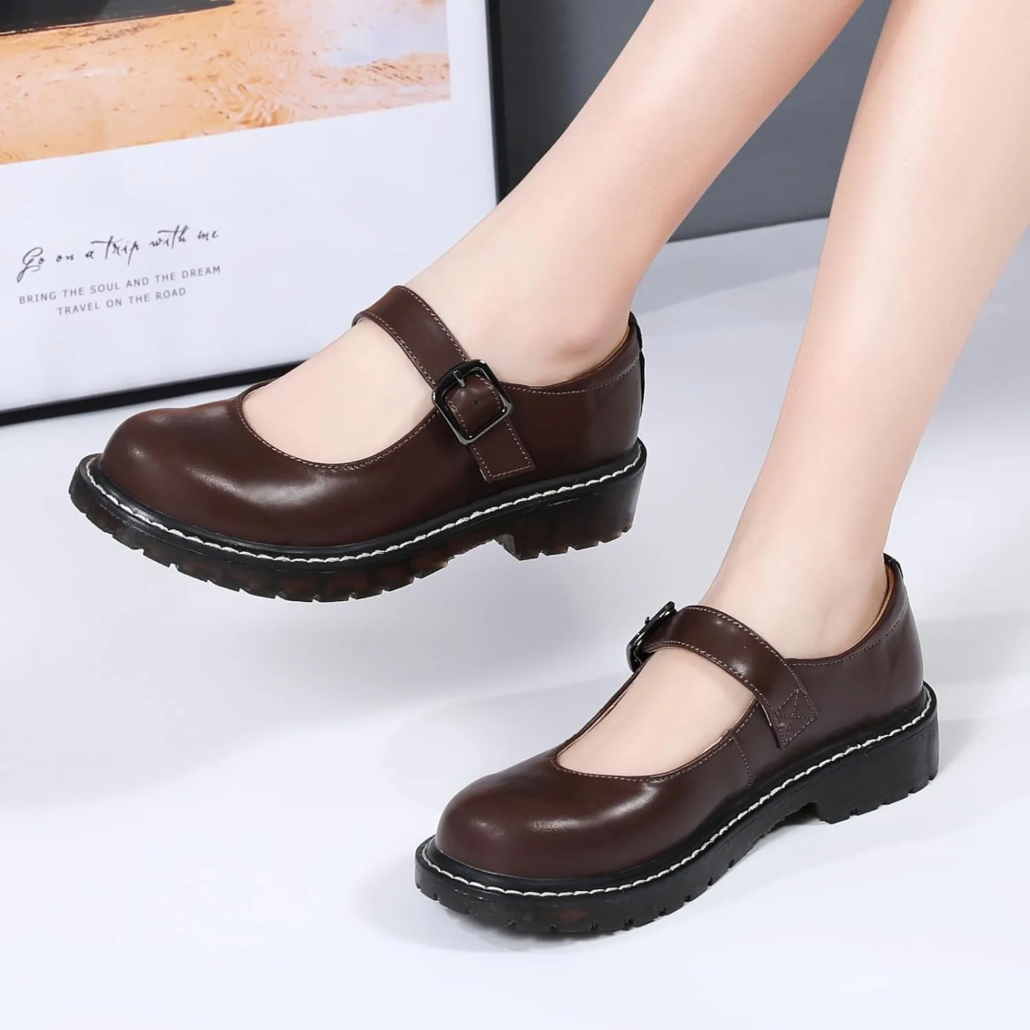 XMM Mary Jane Shoes Women Oxford Shoes Leather Round Toe Flats Non-Slip Ankle Buckle Strap Comfort Casual Dressy Cosplay Party School Work Shoes