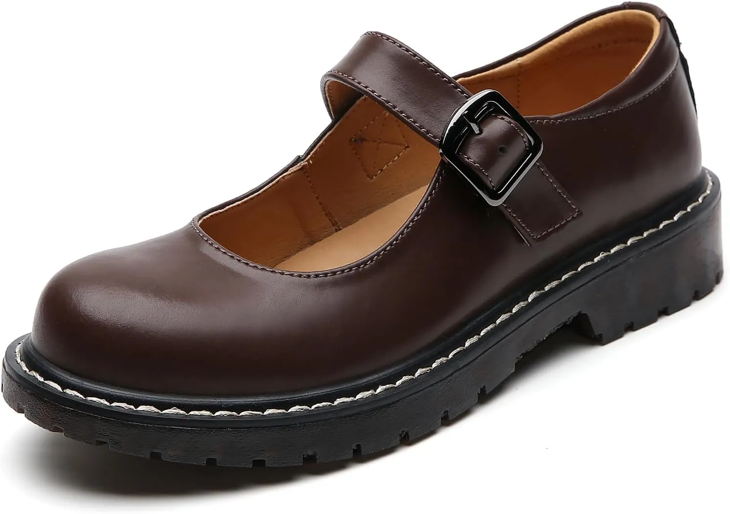 XMM Mary Jane Shoes Women Oxford Shoes Leather Round Toe Flats Non-Slip Ankle Buckle Strap Comfort Casual Dressy Cosplay Party School Work Shoes