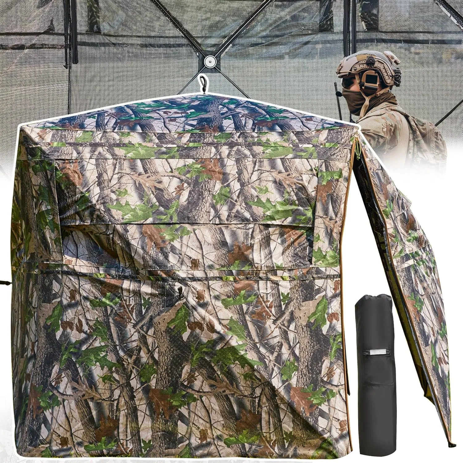 YOLENY See-Through Hunting Blind, Portable Pop Up Ground Blind with Carrying Bag - Resilient Tent, Zip Door & Silent Windows for Deer & Turkey Hunting