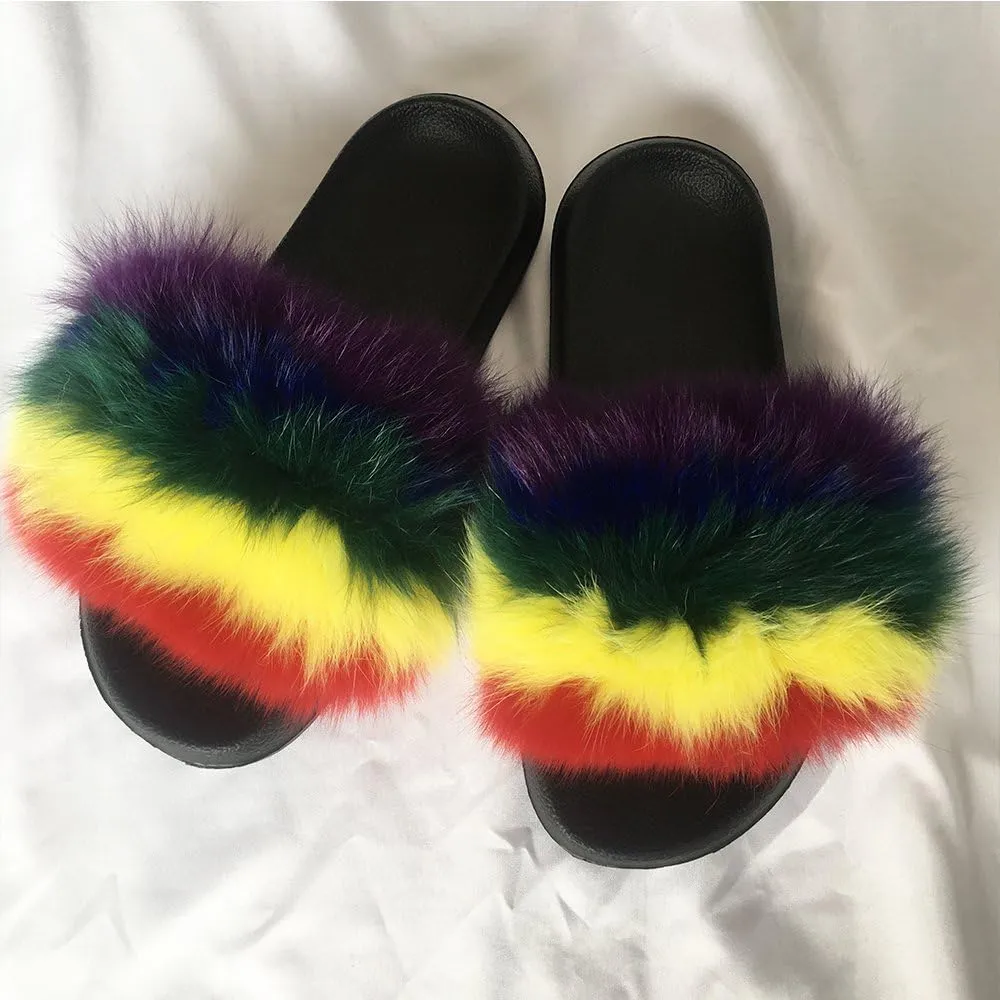 Yu Li Women Real Fox Fur Feather Vegan Leather Open Toe Single Strap Slip On Sandal
