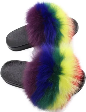 Yu Li Women Real Fox Fur Feather Vegan Leather Open Toe Single Strap Slip On Sandal
