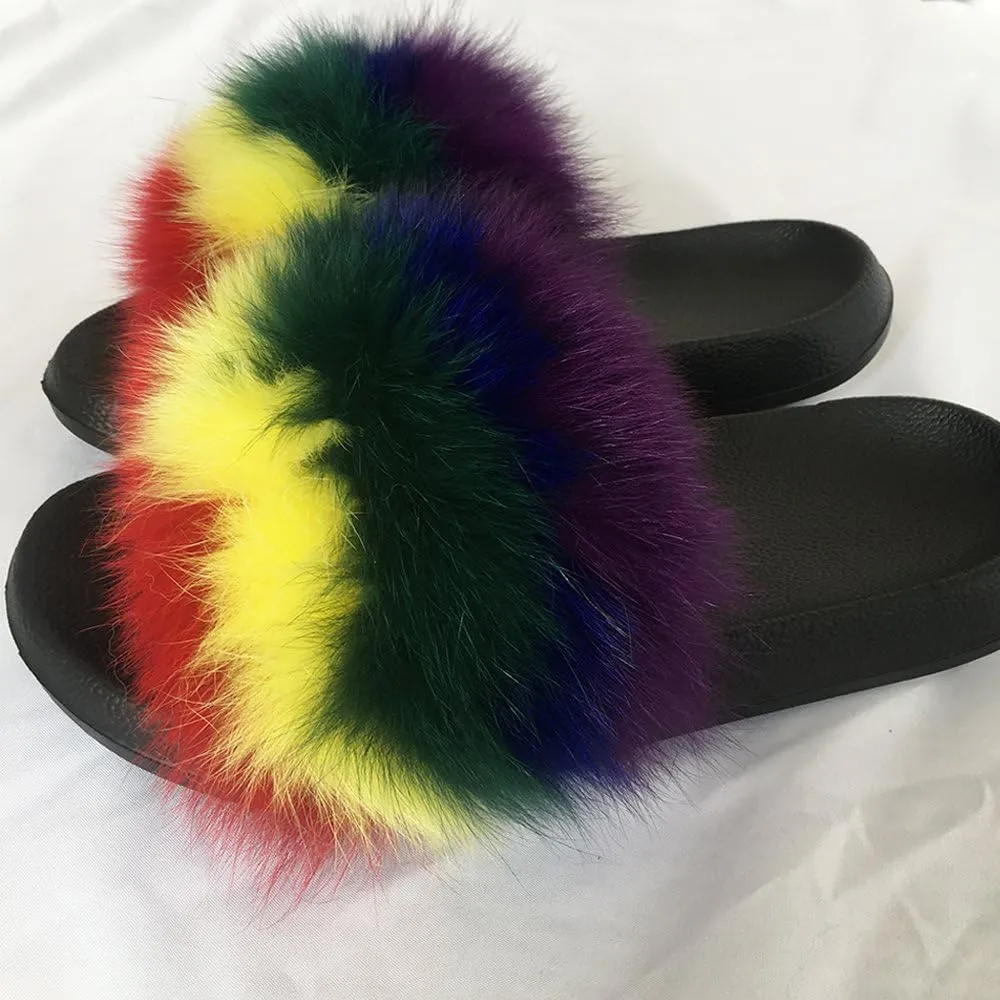 Yu Li Women Real Fox Fur Feather Vegan Leather Open Toe Single Strap Slip On Sandal