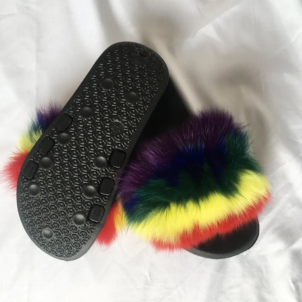 Yu Li Women Real Fox Fur Feather Vegan Leather Open Toe Single Strap Slip On Sandal