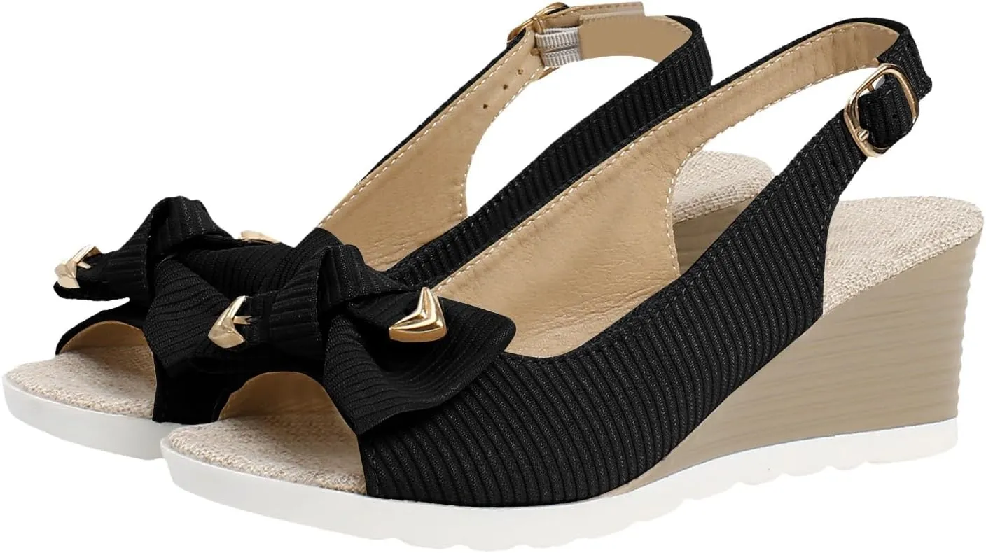ZSpzx Women Wedge Sandals 2025,Cute Bow Indoor/Outdoor Dance Party Ladies Dress Walking Footwear Adjustable Buckle Vacation Casual Shoe Platform Plantar Fasciitis Daily Wear Soft Cushion Peep Toe
