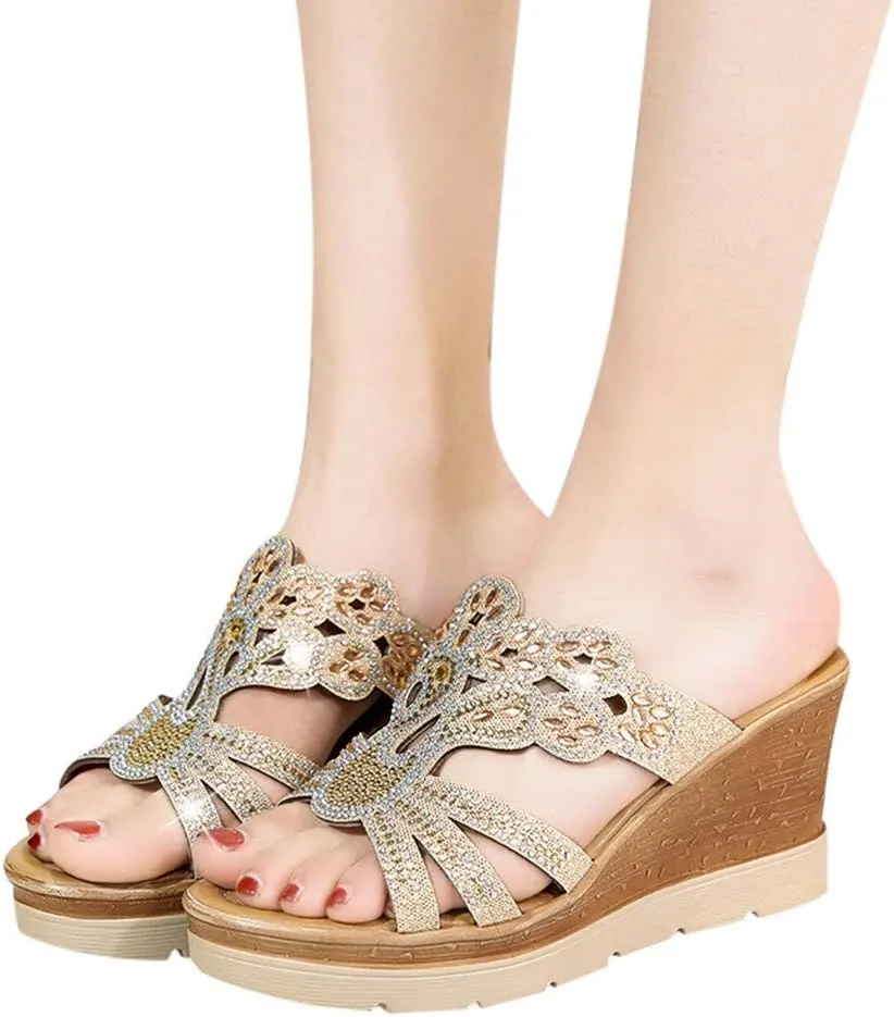 ZSpzx Women's Platform Wedge Sandals for Women Summer Dressy Women's Casual Flip Flops Crystal Rhinestone Sandal Slip on Sparkling Boho Slipper Slip-On Low Heel Slippers for Work Party Wedding