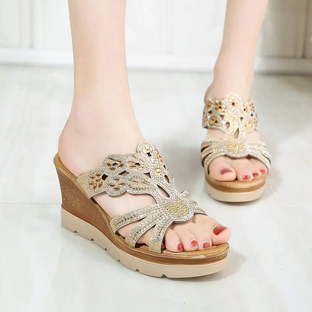 ZSpzx Women's Platform Wedge Sandals for Women Summer Dressy Women's Casual Flip Flops Crystal Rhinestone Sandal Slip on Sparkling Boho Slipper Slip-On Low Heel Slippers for Work Party Wedding