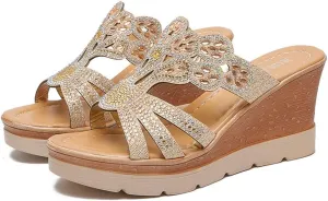 ZSpzx Women's Platform Wedge Sandals for Women Summer Dressy Women's Casual Flip Flops Crystal Rhinestone Sandal Slip on Sparkling Boho Slipper Slip-On Low Heel Slippers for Work Party Wedding