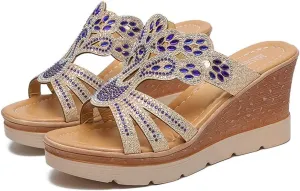 ZSpzx Women's Platform Wedge Sandals for Women Summer Dressy Women's Casual Flip Flops Crystal Rhinestone Sandal Slip on Sparkling Boho Slipper Slip-On Low Heel Slippers for Work Party Wedding