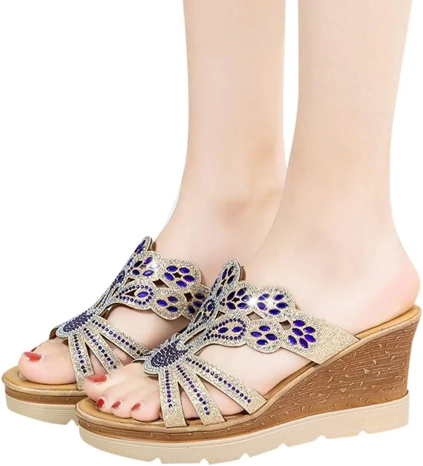ZSpzx Women's Platform Wedge Sandals for Women Summer Dressy Women's Casual Flip Flops Crystal Rhinestone Sandal Slip on Sparkling Boho Slipper Slip-On Low Heel Slippers for Work Party Wedding